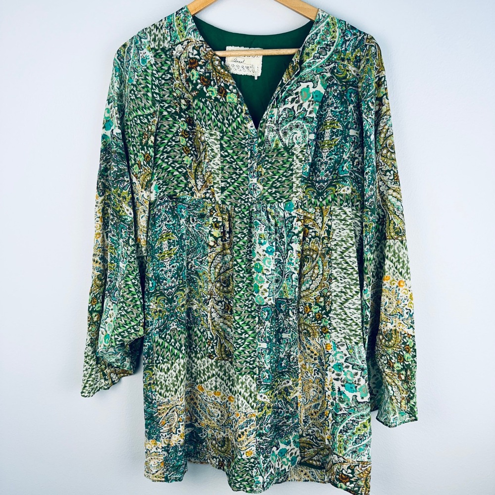 Floret Anthropologie Green Paisley Silk Patchwork Tunic‎ Dress Size 2 Boho